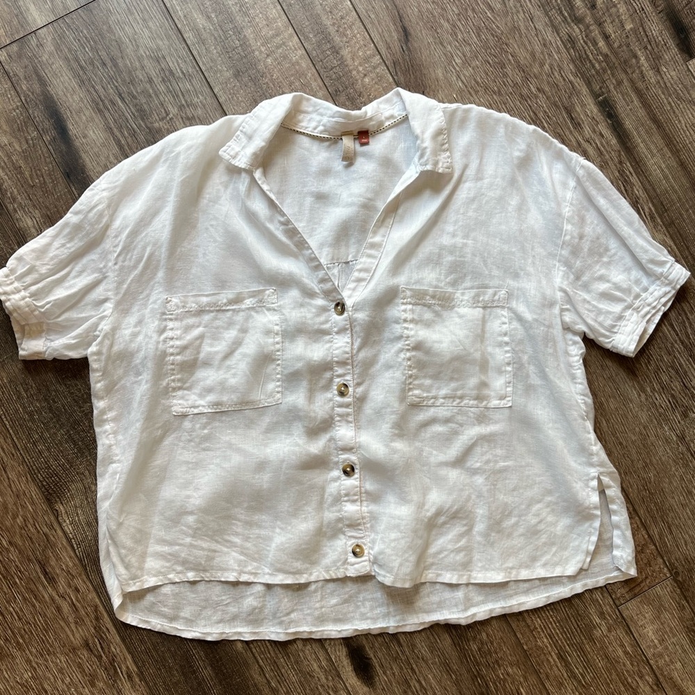 PILCRO 100% Linen white Boxy Button Front V-neck Blouse Top size Large